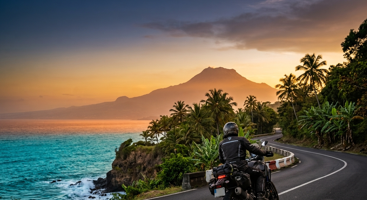 Motards FMF Guadeloupe sur route côtière au coucher du soleil